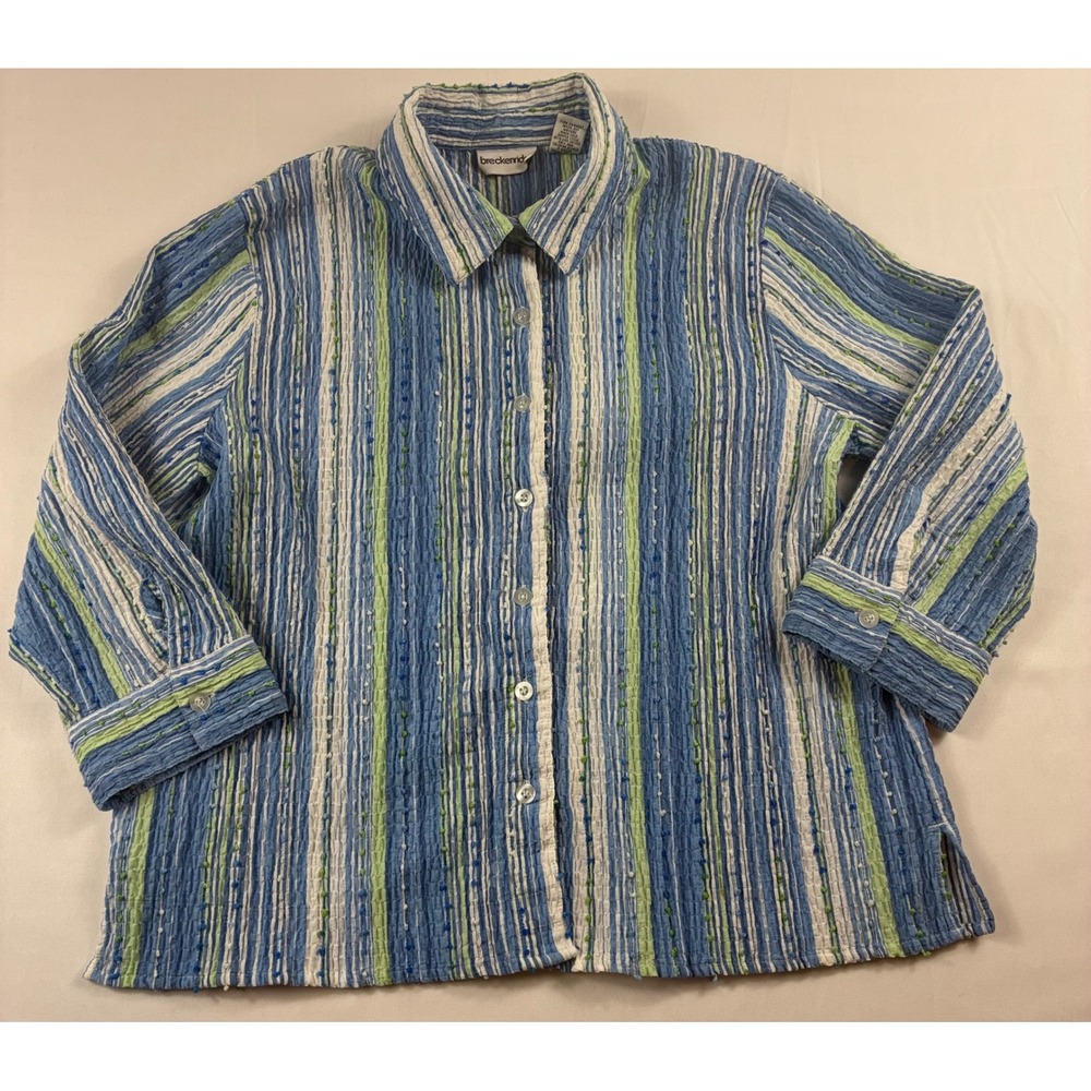 Breckenridge Striped Button Down Shirt Womens Large Blue Green Textured L